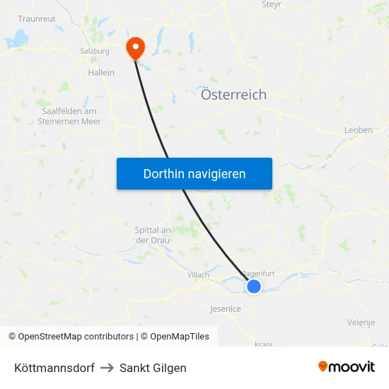 Köttmannsdorf to Sankt Gilgen map