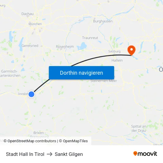 Stadt Hall In Tirol to Sankt Gilgen map