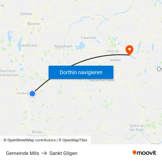 Gemeinde Mils to Sankt Gilgen map