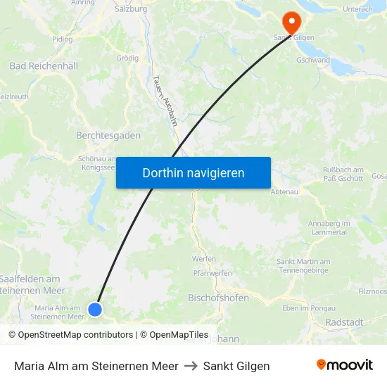 Maria Alm am Steinernen Meer to Sankt Gilgen map