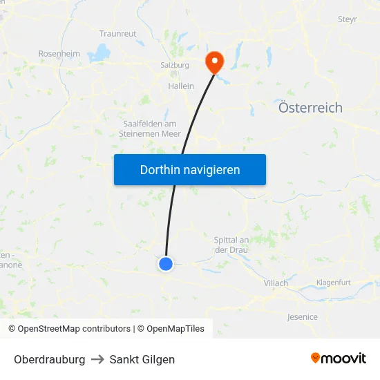 Oberdrauburg to Sankt Gilgen map