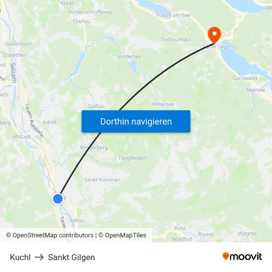 Kuchl to Sankt Gilgen map