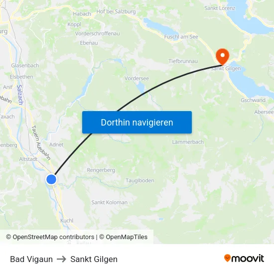 Bad Vigaun to Sankt Gilgen map