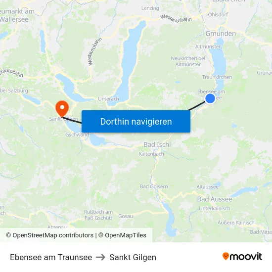 Ebensee am Traunsee to Sankt Gilgen map