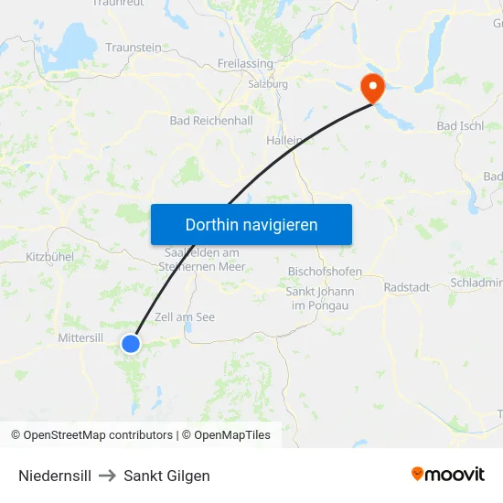 Niedernsill to Sankt Gilgen map