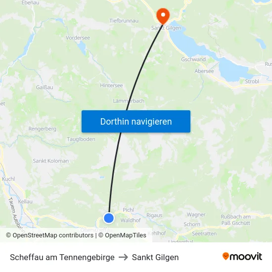 Scheffau am Tennengebirge to Sankt Gilgen map