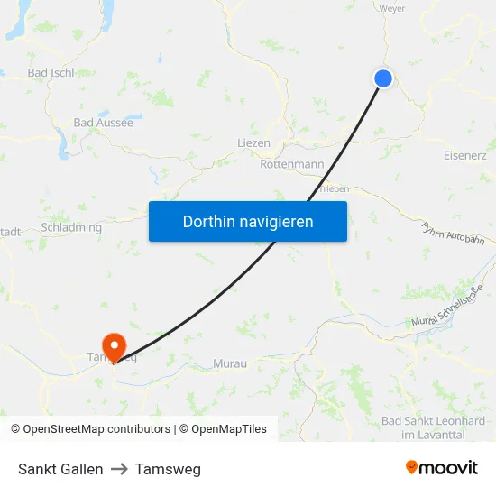 Sankt Gallen to Tamsweg map
