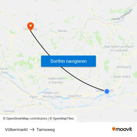 Völkermarkt to Tamsweg map
