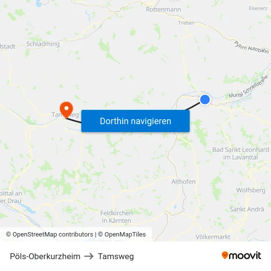 Pöls-Oberkurzheim to Tamsweg map