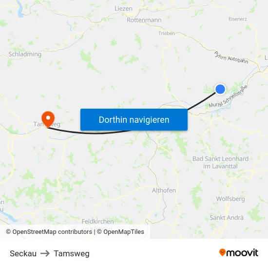 Seckau to Tamsweg map