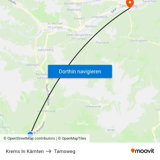 Krems In Kärnten to Tamsweg map
