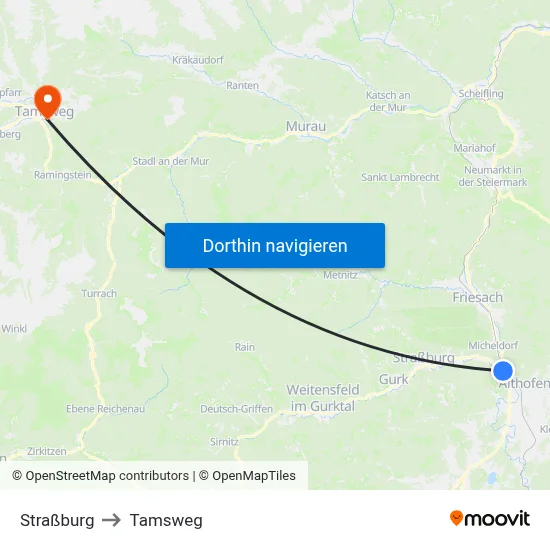 Straßburg to Tamsweg map