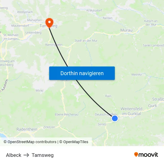 Albeck to Tamsweg map
