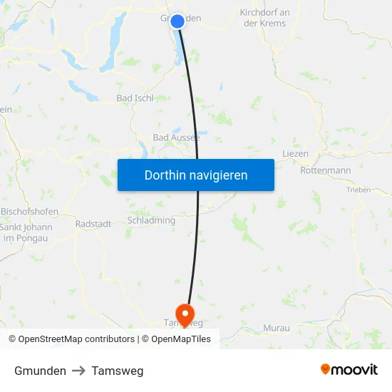Gmunden to Tamsweg map