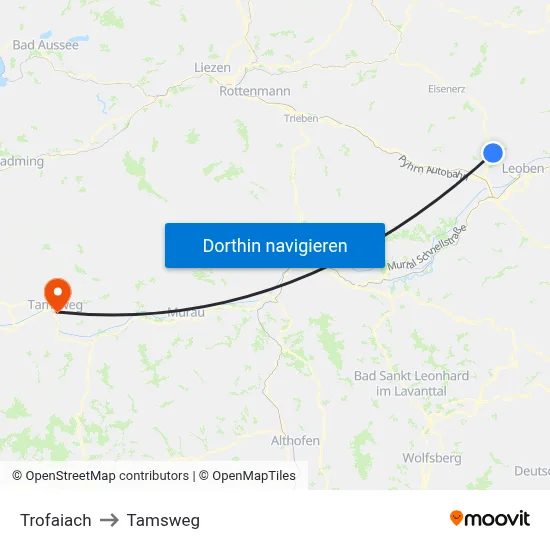 Trofaiach to Tamsweg map