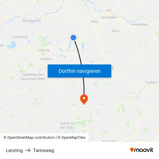 Lenzing to Tamsweg map