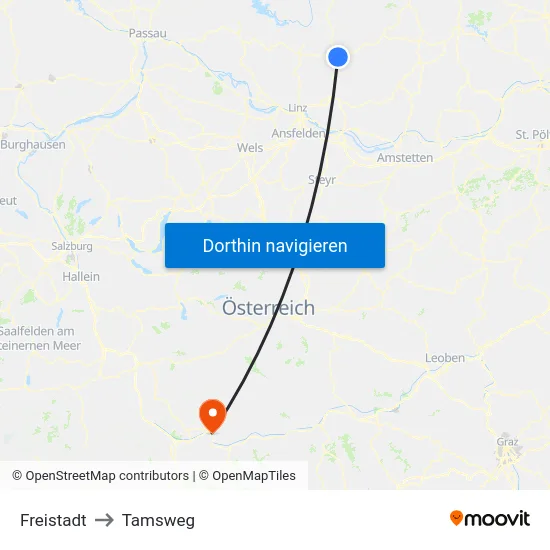 Freistadt to Tamsweg map