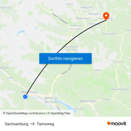 Sachsenburg to Tamsweg map