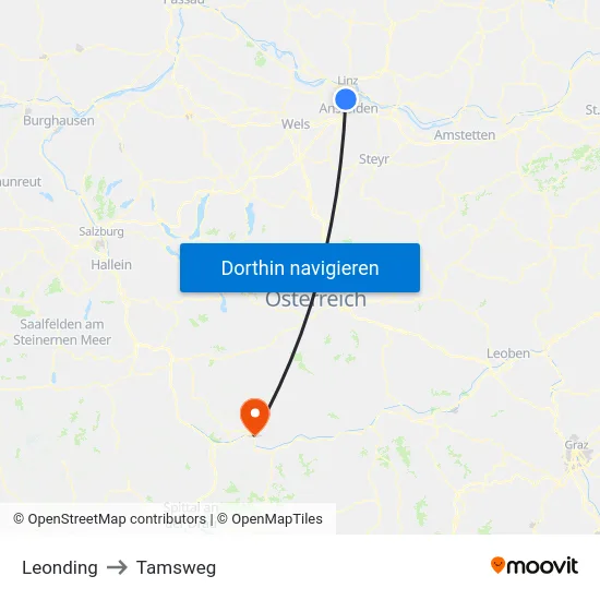 Leonding to Tamsweg map