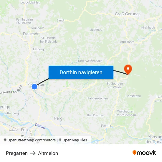 Pregarten to Altmelon map