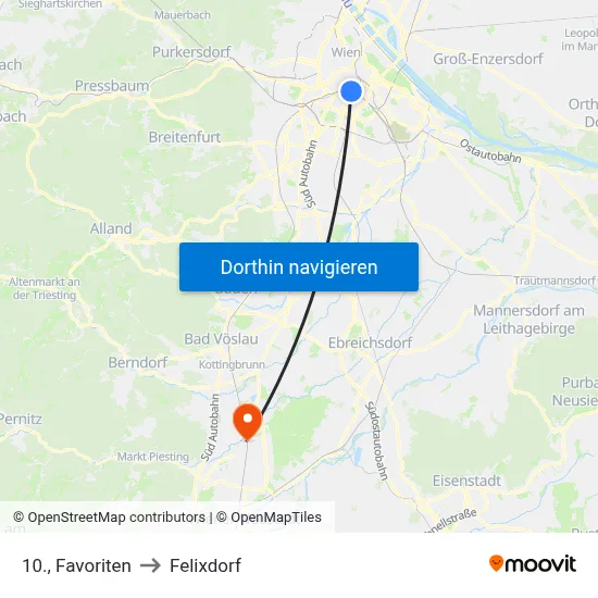 10., Favoriten to Felixdorf map