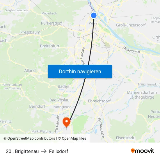 20., Brigittenau to Felixdorf map