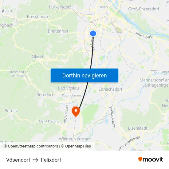 Vösendorf to Felixdorf map