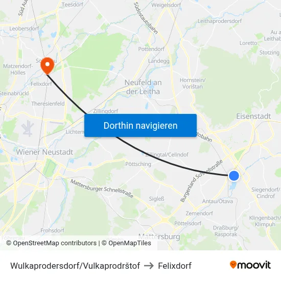 Wulkaprodersdorf/Vulkaprodrštof to Felixdorf map