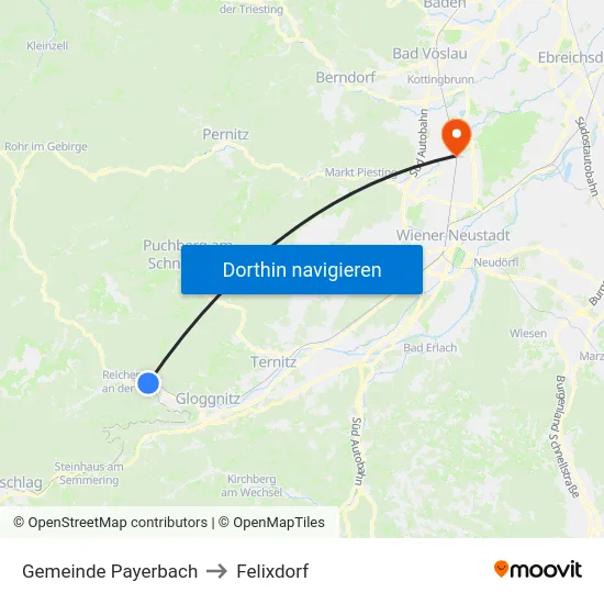 Gemeinde Payerbach to Felixdorf map