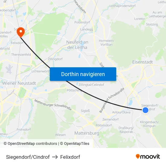 Siegendorf/Cindrof to Felixdorf map