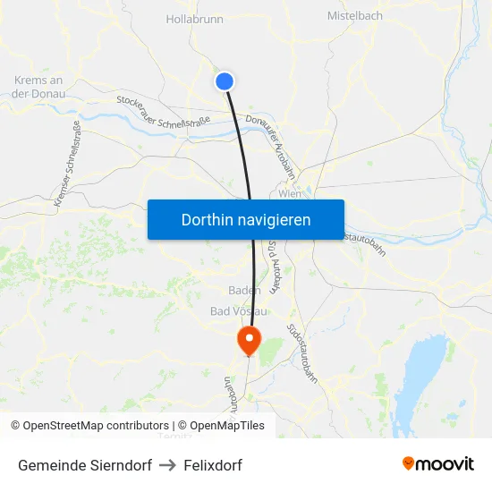 Gemeinde Sierndorf to Felixdorf map