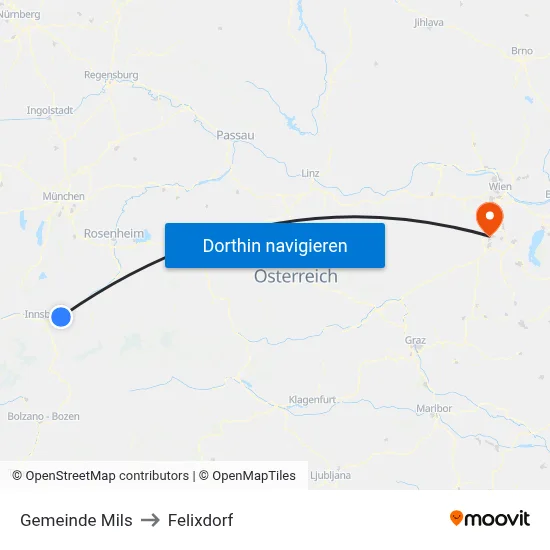 Gemeinde Mils to Felixdorf map