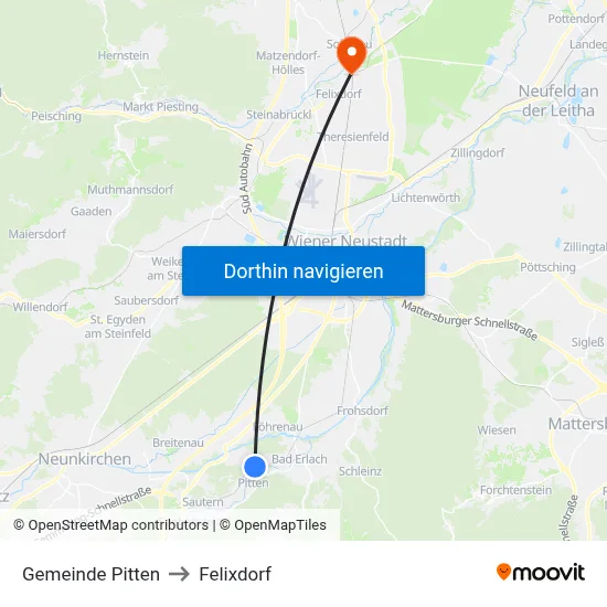 Gemeinde Pitten to Felixdorf map