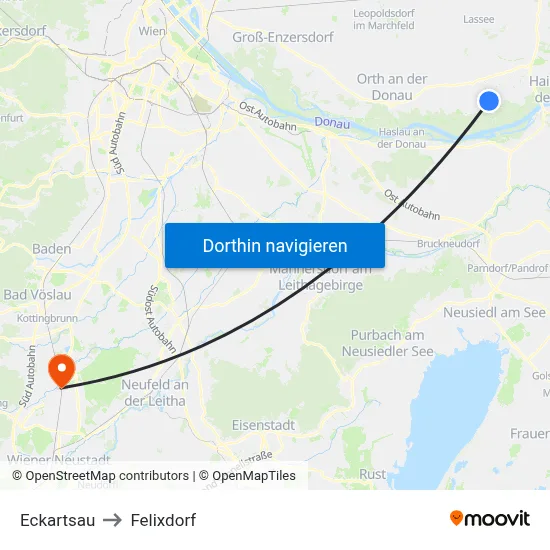 Eckartsau to Felixdorf map