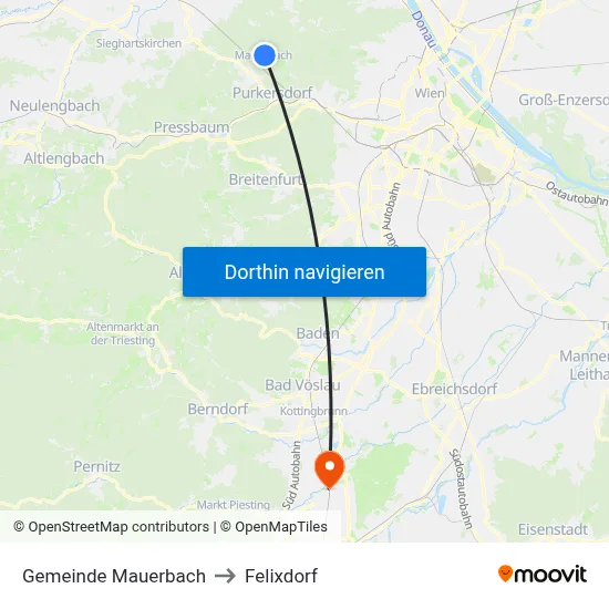 Gemeinde Mauerbach to Felixdorf map