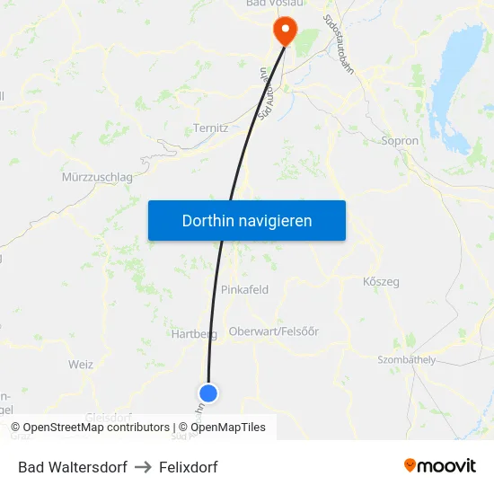 Bad Waltersdorf to Felixdorf map