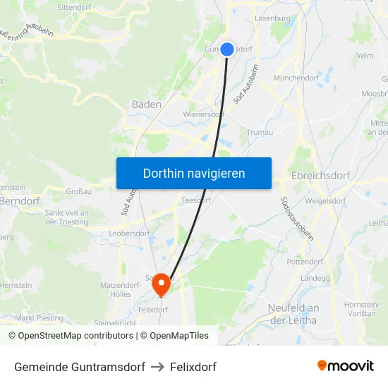 Gemeinde Guntramsdorf to Felixdorf map
