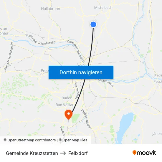 Gemeinde Kreuzstetten to Felixdorf map