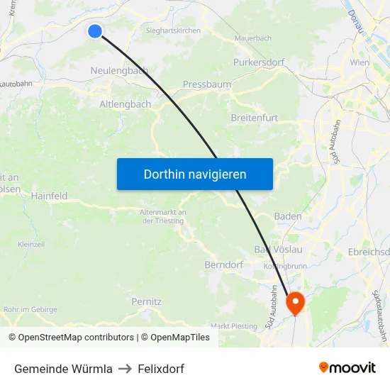 Gemeinde Würmla to Felixdorf map