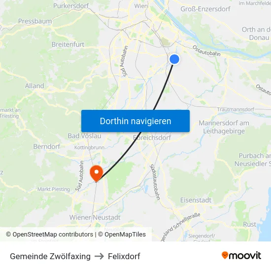 Gemeinde Zwölfaxing to Felixdorf map