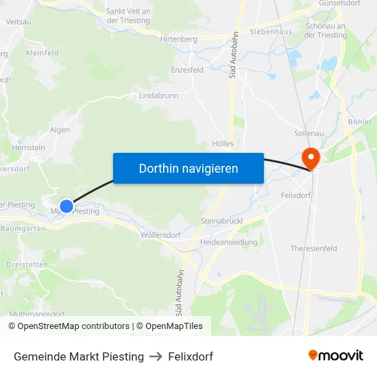 Gemeinde Markt Piesting to Felixdorf map