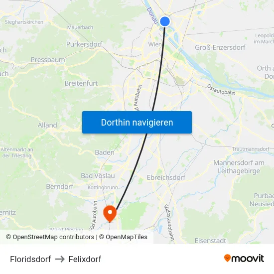 Floridsdorf to Felixdorf map