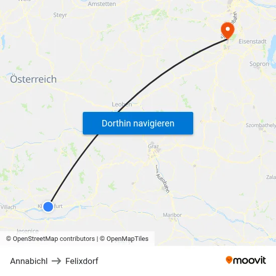 Annabichl to Felixdorf map