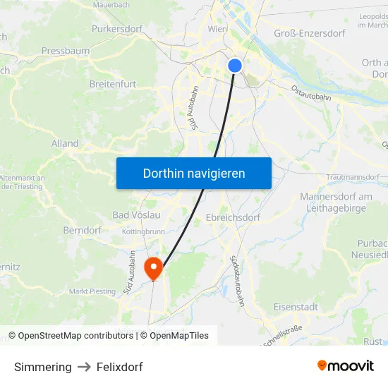 Simmering to Felixdorf map