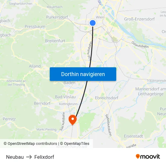 Neubau to Felixdorf map
