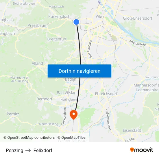 Penzing to Felixdorf map