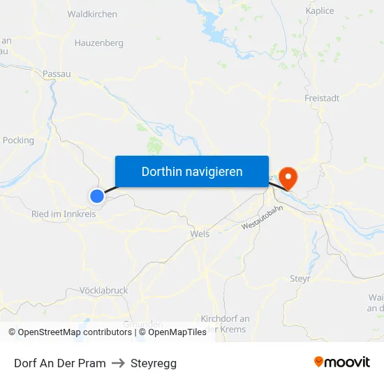 Dorf An Der Pram to Steyregg map