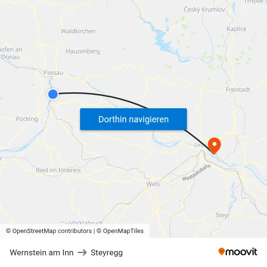 Wernstein am Inn to Steyregg map