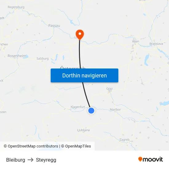 Bleiburg to Steyregg map