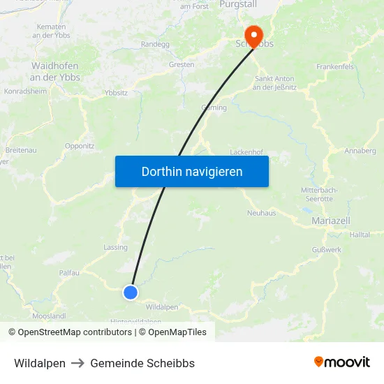 Wildalpen to Gemeinde Scheibbs map